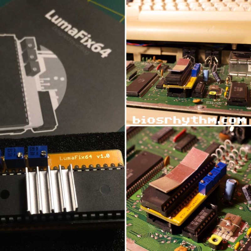 A LumaFix64 with manual and installed inside a C64 with a short board.