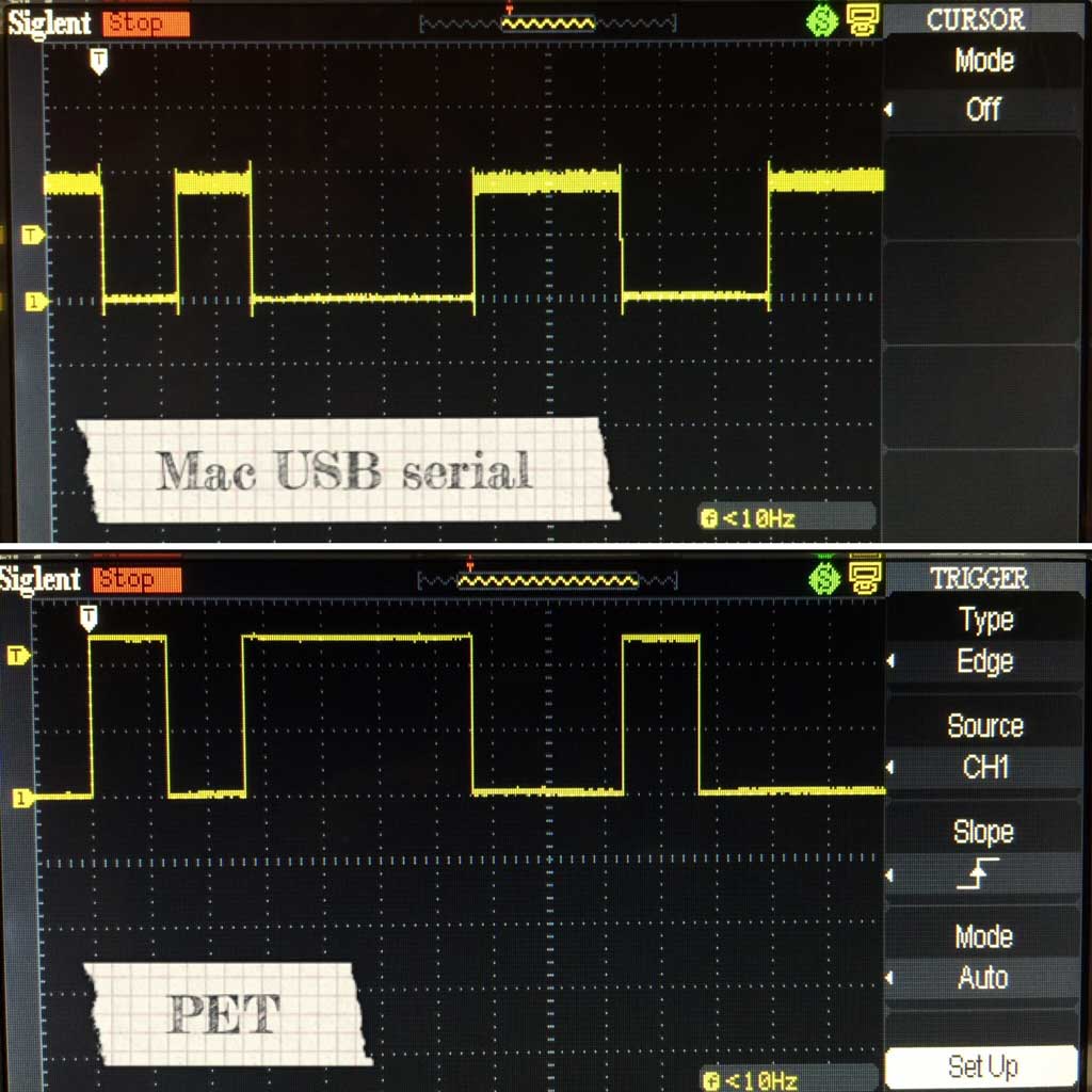 Top is a Mac and USB Serial TTL cable. Bottom is a Commodore PET transmitting via user port on pin H.