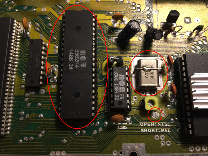 A C64 short board, showing NTSC specific components (circled).